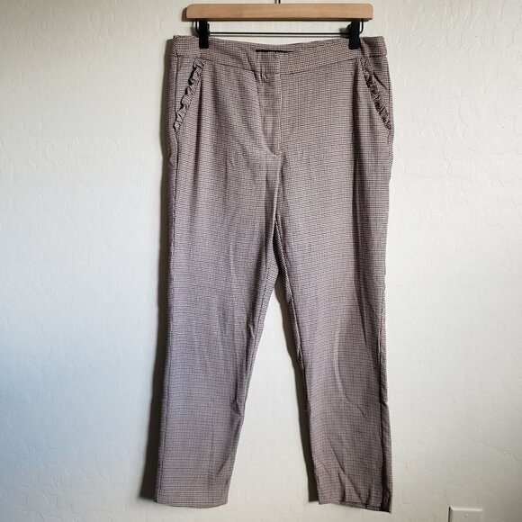 Zara Houndstooth Ankle Cropped Pants Trousers Ruffle Pockets Size Women's Large - Picture 1 of 9